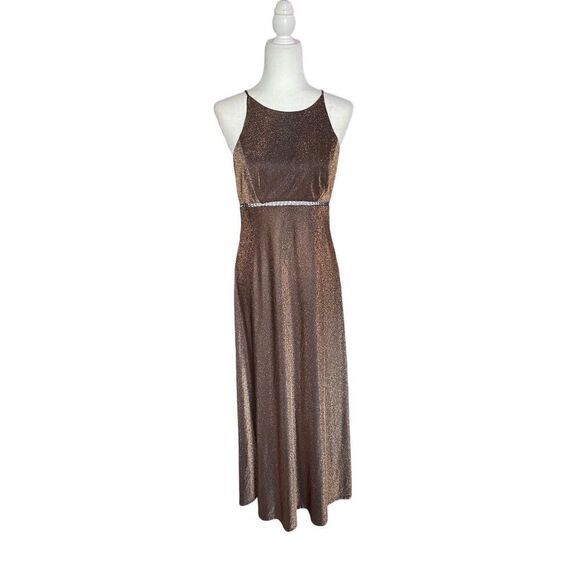 Vintage 90s cache brown and gold shimmer maxi dress - Picture 1 of 6